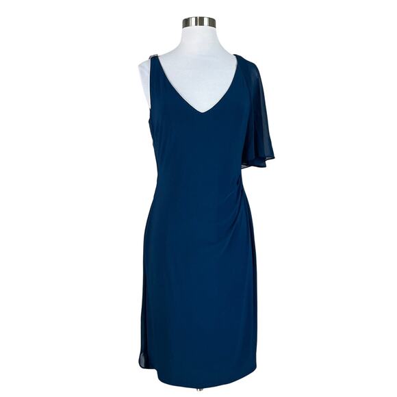 Ralph Lauren Ruffled Beaded Midi Sheath Cocktail Dress Blue Size 8 Draped V-Neck - Picture 1 of 13